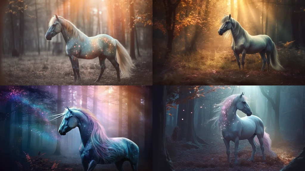 Majestic and graceful unicorn, with a glittering silver mane and tail ::5 Sparkling, iridescent horn, rainbow colors ::4 Magical forest background, with sunlight filtering through trees ::3 Ethereal and dreamy atmosphere, with soft pastel colors ::2 masterpiece ::5 --ar 16:9 --s 250 --v 5