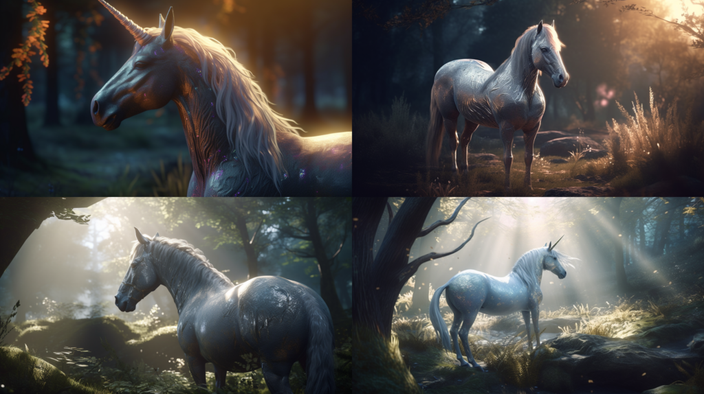 Majestic and graceful unicorn, with a glittering silver mane and tail ::5 Sparkling, iridescent horn, rainbow colors ::4 Magical forest background, with sunlight filtering through trees ::3 Ethereal and dreamy atmosphere, with soft pastel colors ::2 unreal engine ::5 --ar 16:9 --s 250 --v 5