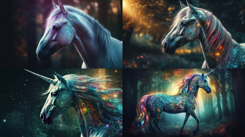 Majestic and graceful unicorn, with a glittering silver mane and tail ::5 Sparkling, iridescent horn, rainbow colors ::4 Magical forest background, with sunlight filtering through trees ::3 Ethereal and dreamy atmosphere, with soft pastel colors ::2 kaleidoscope ::5 --ar 16:9 --s 250 --v 5