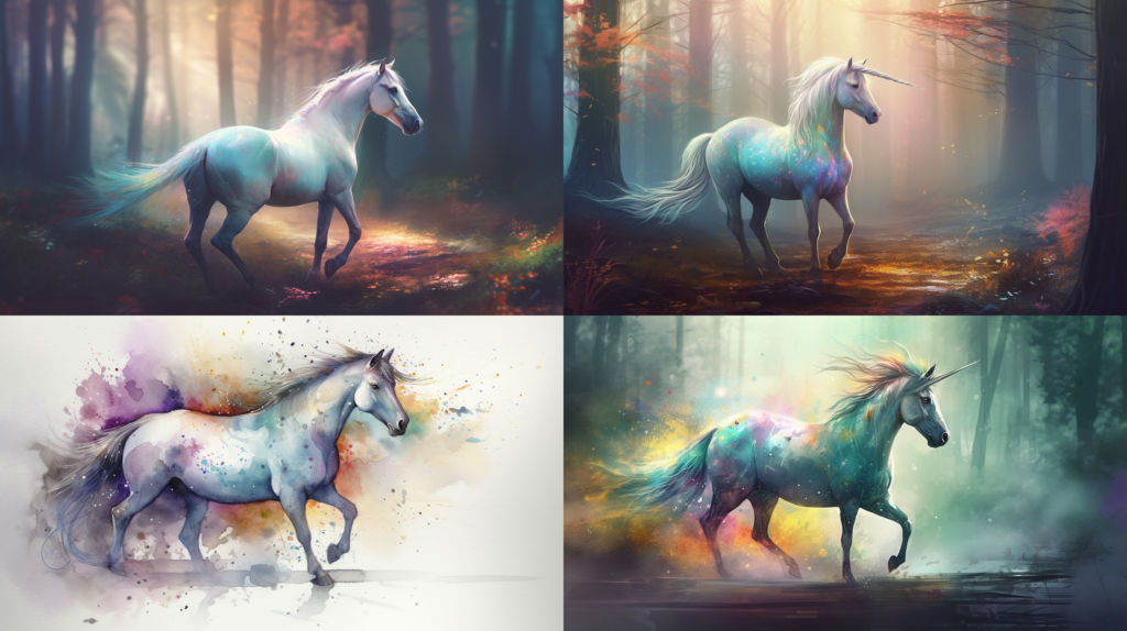 Majestic and graceful unicorn, with a glittering silver mane and tail ::5 Sparkling, iridescent horn, rainbow colors ::4 Magical forest background, with sunlight filtering through trees ::3 Ethereal and dreamy atmosphere, with soft pastel colors ::2 watercolor ::5 --ar 16:9 --s 250 --v 5