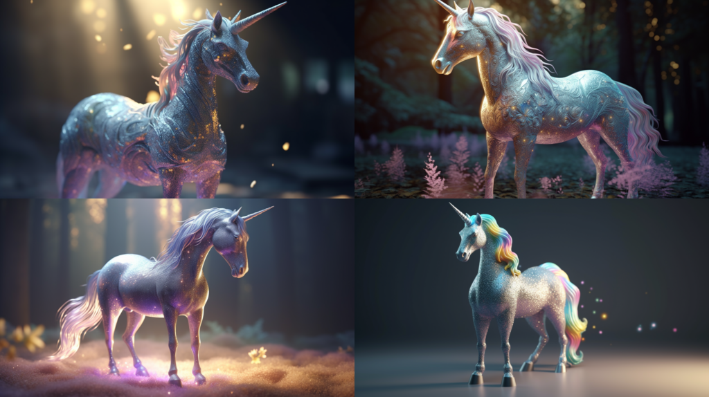 Majestic and graceful unicorn, with a glittering silver mane and tail ::5 Sparkling, iridescent horn, rainbow colors ::4 Magical forest background, with sunlight filtering through trees ::3 Ethereal and dreamy atmosphere, with soft pastel colors ::2 pixer 3d character ::5 --ar 16:9 --s 250 --v 5