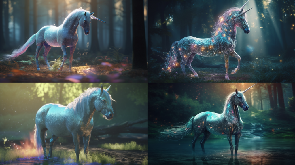 Majestic and graceful unicorn, with a glittering silver mane and tail ::5 Sparkling, iridescent horn, rainbow colors ::4 Magical forest background, with sunlight filtering through trees ::3 Ethereal and dreamy atmosphere, with soft pastel colors ::2 epic ::5 --ar 16:9 --s 250 --v 5