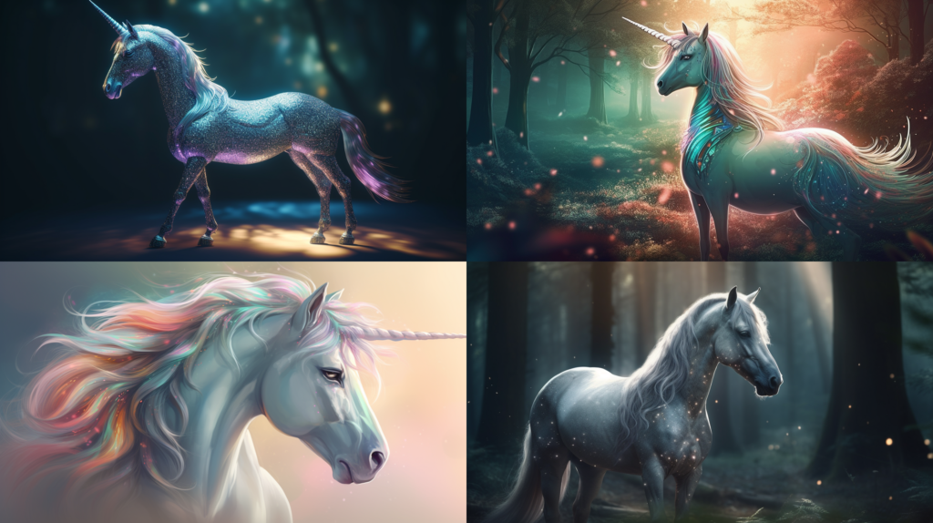 Majestic and graceful unicorn, with a glittering silver mane and tail ::5 Sparkling, iridescent horn, rainbow colors ::4 Magical forest background, with sunlight filtering through trees ::3 Ethereal and dreamy atmosphere, with soft pastel colors ::2 perfect shading ::5 --ar 16:9 --s 250 --v 5