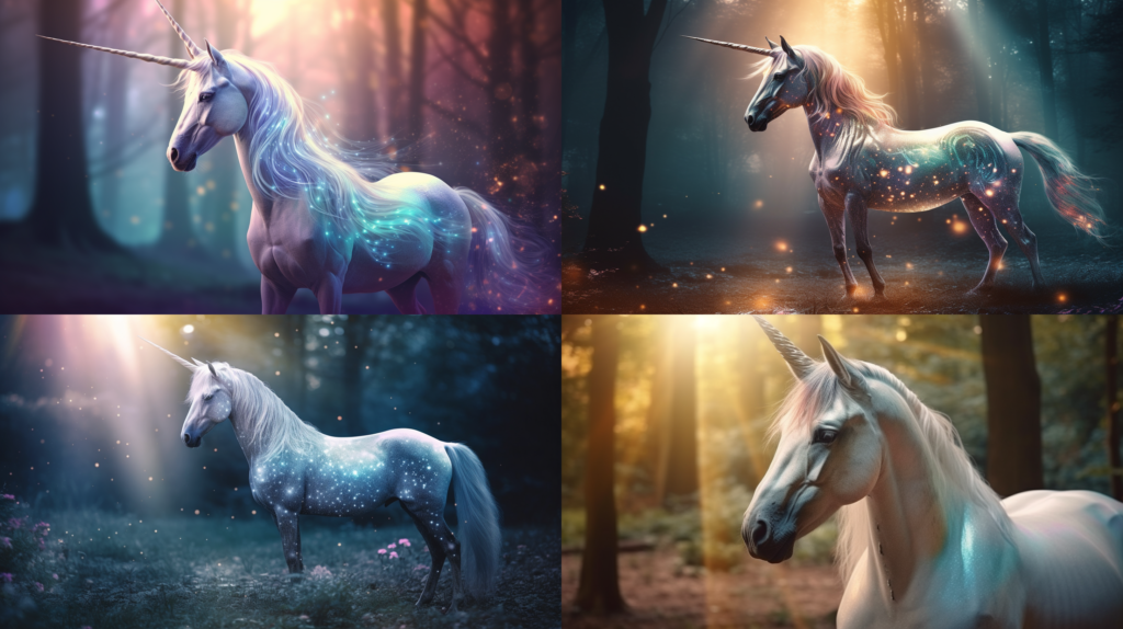 Majestic and graceful unicorn, with a glittering silver mane and tail ::5 Sparkling, iridescent horn, rainbow colors ::4 Magical forest background, with sunlight filtering through trees ::3 Ethereal and dreamy atmosphere, with soft pastel colors ::2 --ar 16:9 --s 250 --v 5