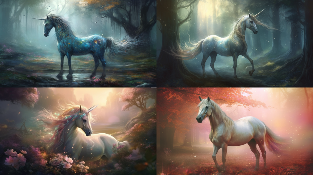 Majestic and graceful unicorn, with a glittering silver mane and tail ::5 Sparkling, iridescent horn, rainbow colors ::4 Magical forest background, with sunlight filtering through trees ::3 Ethereal and dreamy atmosphere, with soft pastel colors ::2 fantasy art ::5 --ar 16:9 --s 250 --v 5