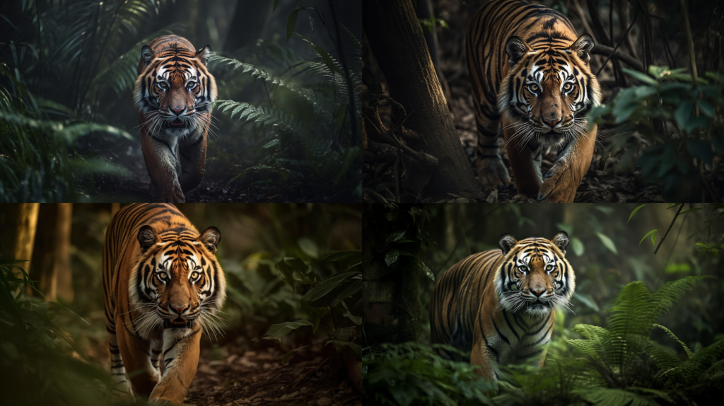 Majestic wild tiger hunting its prey ::5 Sleek, powerful and swift movements ::4 Ear-splitting roar ::3 Natural habitat, dense jungle ::2 Sunlight filtering through the foliage, creating dramatic shadows ::2 masterpiece ::5 --ar 16:9 --s 250 --v 5 