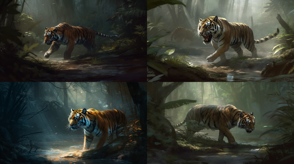 Majestic wild tiger hunting its prey ::5 Sleek, powerful and swift movements ::4 Ear-splitting roar ::3 Natural habitat, dense jungle ::2 Sunlight filtering through the foliage, creating dramatic shadows ::2 concept art ::5 --ar 16:9 --s 250 --v 5
