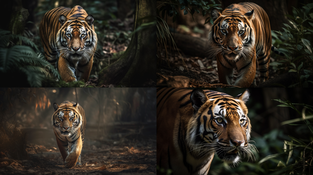 Majestic wild tiger hunting its prey ::5 Sleek, powerful and swift movements ::4 Ear-splitting roar ::3 Natural habitat, dense jungle ::2 Sunlight filtering through the foliage, creating dramatic shadows ::2 perfect shading ::5 --ar 16:9 --s 250 --v 5 