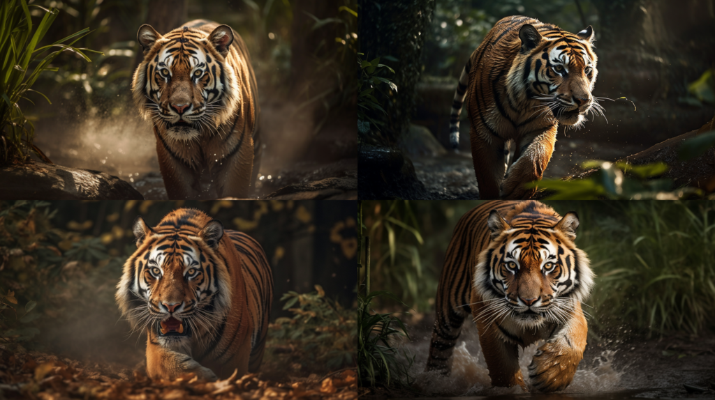 Majestic wild tiger hunting its prey ::5 Sleek, powerful and swift movements ::4 Ear-splitting roar ::3 Natural habitat, dense jungle ::2 Sunlight filtering through the foliage, creating dramatic shadows ::2 epic ::5 --ar 16:9 --s 250 --v 5