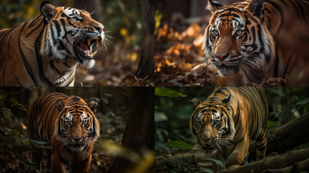 Majestic wild tiger hunting its prey ::5 Sleek, powerful and swift movements ::4 Ear-splitting roar ::3 Natural habitat, dense jungle ::2 Sunlight filtering through the foliage, creating dramatic shadows ::2 kaleidoscope ::5 --ar 16:9 --s 250 --v 5