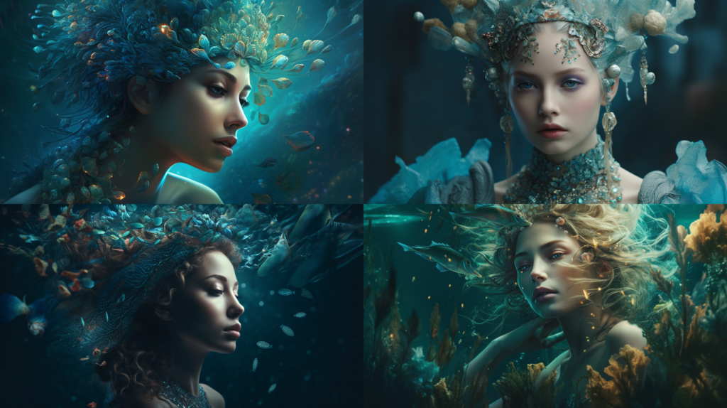 Mesmerizing mermaid in a dreamlike underwater kingdom ::4 Luminous pearl details ::3 Aqua and teal color scheme with hints of iridescent shades ::3 Fantastical, ethereal atmosphere ::2 masterpiece ::5 --ar 16:9 --s 250 --v 5