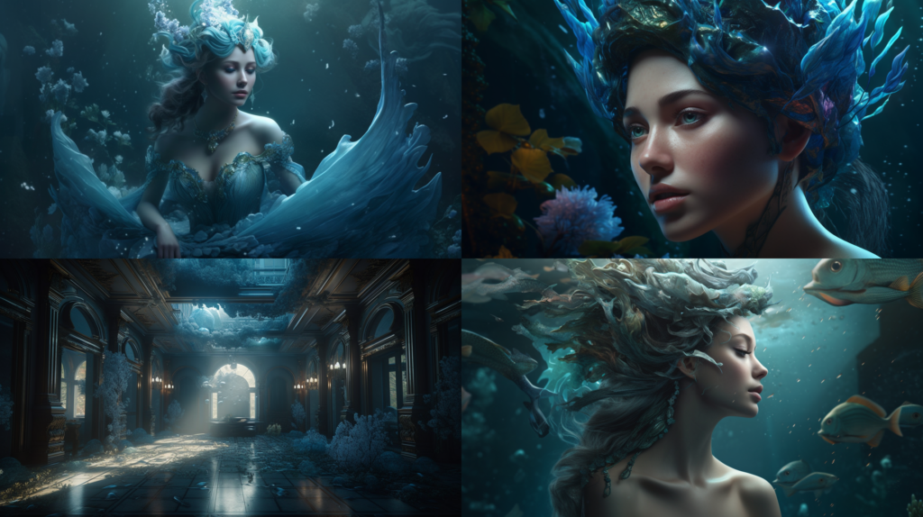 Mesmerizing mermaid in a dreamlike underwater kingdom ::4 Luminous pearl details ::3 Aqua and teal color scheme with hints of iridescent shades ::3 Fantastical, ethereal atmosphere ::2 unreal engine ::5 --ar 16:9 --s 250 --v 5
