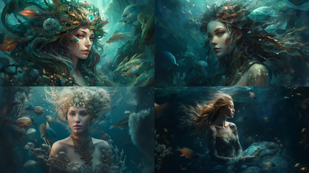 Mesmerizing mermaid in a dreamlike underwater kingdom ::4 Luminous pearl details ::3 Aqua and teal color scheme with hints of iridescent shades ::3 Fantastical, ethereal atmosphere ::2 epic ::5 --ar 16:9 --s 250 --v 5
