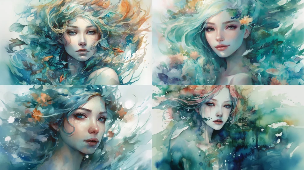Mesmerizing mermaid in a dreamlike underwater kingdom ::4 Luminous pearl details ::3 Aqua and teal color scheme with hints of iridescent shades ::3 Fantastical, ethereal atmosphere ::2 watercolor ::5 --ar 16:9 --s 250 --v 5