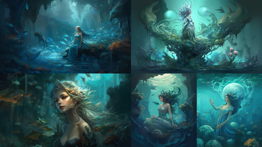 Mesmerizing mermaid in a dreamlike underwater kingdom ::4 Luminous pearl details ::3 Aqua and teal color scheme with hints of iridescent shades ::3 Fantastical, ethereal atmosphere ::2 concept art ::5 --ar 16:9 --s 250 --v 5