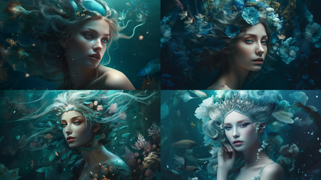 Mesmerizing mermaid in a dreamlike underwater kingdom ::4 Luminous pearl details ::3 Aqua and teal color scheme with hints of iridescent shades ::3 Fantastical, ethereal atmosphere ::2 --ar 16:9 --s 250 --v 5