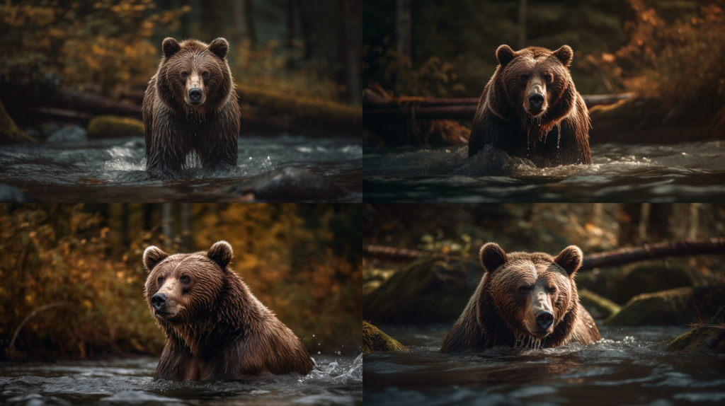 Wild grizzly bear fishing for salmon in a rushing stream ::4 Majestic forest landscape in the background ::3 Dynamic motion, water splashes, and ripples ::3 Rich warm colors, autumn tones ::2 epic ::5 --ar 16:9 --s 250 --v 5 