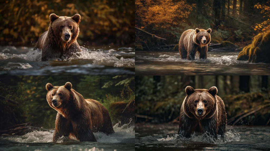 Wild grizzly bear fishing for salmon in a rushing stream ::4 Majestic forest landscape in the background ::3 Dynamic motion, water splashes, and ripples ::3 Rich warm colors, autumn tones ::2 masterpiece ::5 --ar 16:9 --s 250 --v 5