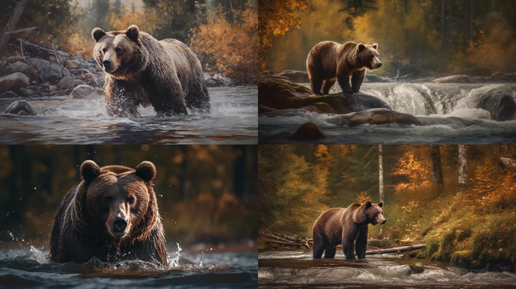Wild grizzly bear fishing for salmon in a rushing stream ::4 Majestic forest landscape in the background ::3 Dynamic motion, water splashes, and ripples ::3 Rich warm colors, autumn tones ::2 watercolor ::5 --ar 16:9 --s 250 --v 5