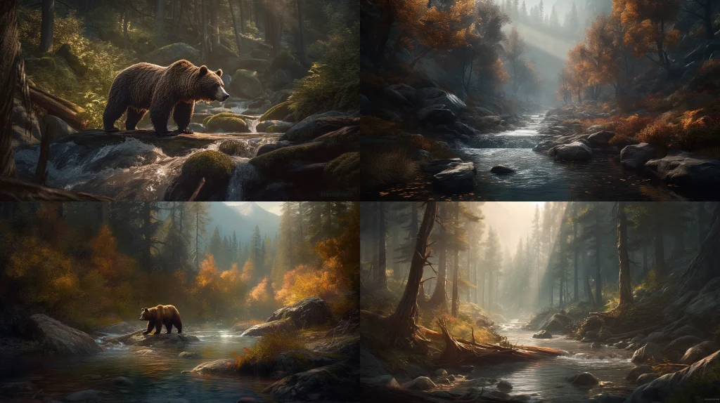 Wild grizzly bear fishing for salmon in a rushing stream ::4 Majestic forest landscape in the background ::3 Dynamic motion, water splashes, and ripples ::3 Rich warm colors, autumn tones ::2 concept art ::5 --ar 16:9 --s 250