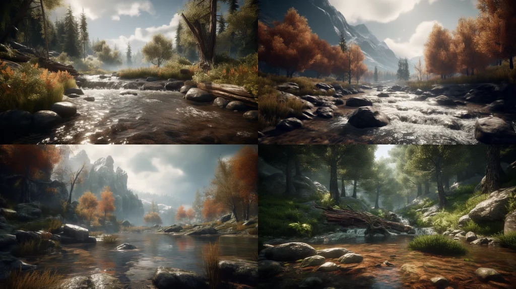 Wild grizzly bear fishing for salmon in a rushing stream ::4 Majestic forest landscape in the background ::3 Dynamic motion, water splashes, and ripples ::3 Rich warm colors, autumn tones ::2 unreal engine ::5 --ar 16:9 --s 250 --v 5