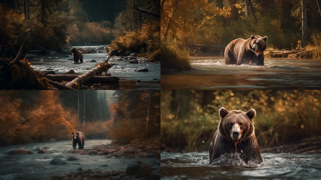 Wild grizzly bear fishing for salmon in a rushing stream ::4 Majestic forest landscape in the background ::3 Dynamic motion, water splashes, and ripples ::3 Rich warm colors, autumn tones ::2 --ar 16:9