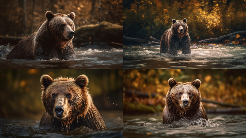Wild grizzly bear fishing for salmon in a rushing stream ::4 Majestic forest landscape in the background ::3 Dynamic motion, water splashes, and ripples ::3 Rich warm colors, autumn tones ::2 perfect shading ::5 --ar 16:9 --s 250 --v 5 