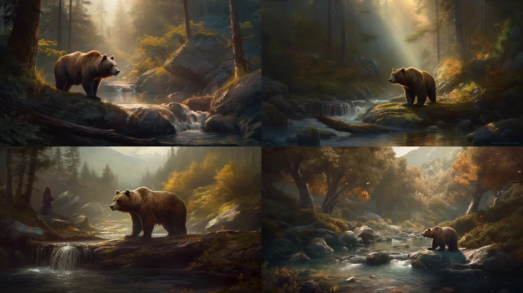 Wild grizzly bear fishing for salmon in a rushing stream ::4 Majestic forest landscape in the background ::3 Dynamic motion, water splashes, and ripples ::3 Rich warm colors, autumn tones ::2 fantasy art ::5 --ar 16:9 --s 250 --v 5