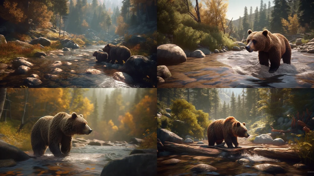 Wild grizzly bear fishing for salmon in a rushing stream ::4 Majestic forest landscape in the background ::3 Dynamic motion, water splashes, and ripples ::3 Rich warm colors, autumn tones ::2 pixer 3d character ::5 --ar 16:9 --s 250
