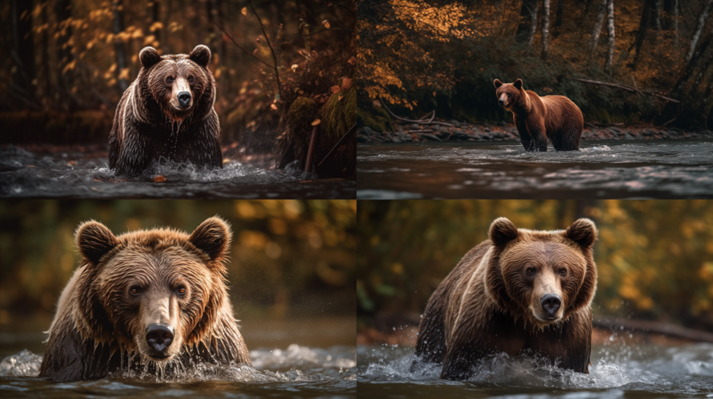 Wild grizzly bear fishing for salmon in a rushing stream ::4 Majestic forest landscape in the background ::3 Dynamic motion, water splashes, and ripples ::3 Rich warm colors, autumn tones ::2 kaleidoscope ::5 --ar 16:9 --s 250 --v 5