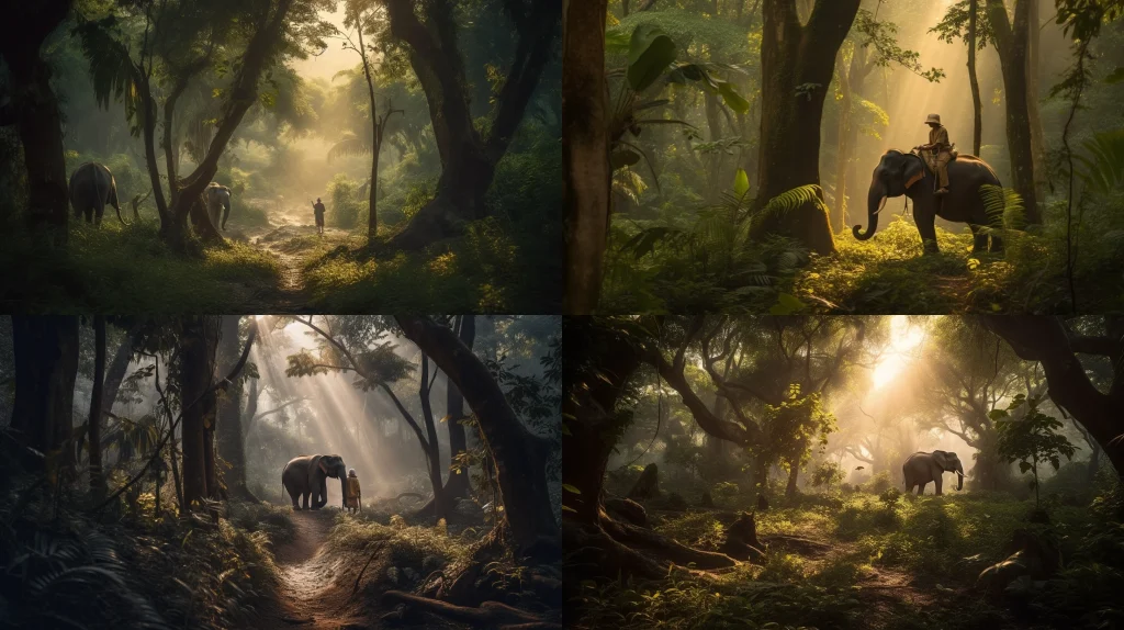 majestic elephant carrying a young girl ::5 lush tropical forest in the background ::4 golden sunlight filtering through the trees ::3 butterflies and birds fluttering around ::2 surreal and dreamy atmosphere, with a touch of magic ::2 --ar 16:9