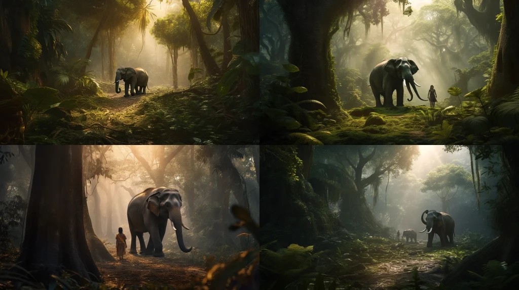 majestic elephant carrying a young girl ::5 lush tropical forest in the background ::4 golden sunlight filtering through the trees ::3 butterflies and birds fluttering around ::2 surreal and dreamy atmosphere, with a touch of magic ::2 pixer 3d character ::5 --ar 16:9 --s 250 --v 5