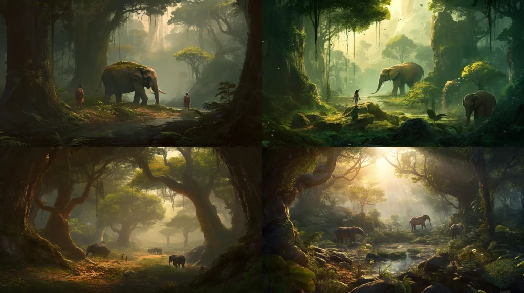 majestic elephant carrying a young girl ::5 lush tropical forest in the background ::4 golden sunlight filtering through the trees ::3 butterflies and birds fluttering around ::2 surreal and dreamy atmosphere, with a touch of magic ::2 fantasy art ::5 --ar 16:9 --s 250 --v 5