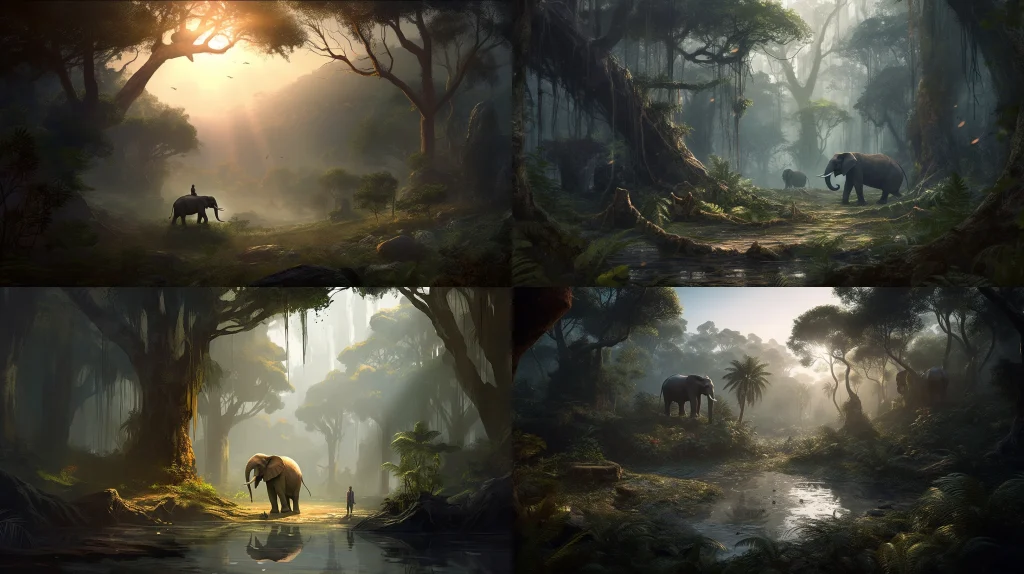 majestic elephant carrying a young girl ::5 lush tropical forest in the background ::4 golden sunlight filtering through the trees ::3 butterflies and birds fluttering around ::2 surreal and dreamy atmosphere, with a touch of magic ::2 concept art ::5 --ar 16:9 --s 250 --v 5 