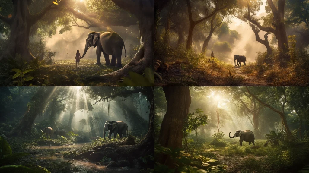 majestic elephant carrying a young girl ::5 lush tropical forest in the background ::4 golden sunlight filtering through the trees ::3 butterflies and birds fluttering around ::2 surreal and dreamy atmosphere, with a touch of magic ::2 epic ::5 --ar 16:9 --s 250 --v 5